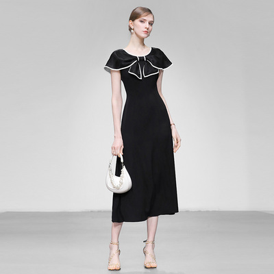 2024夏季新款小香风富家千金撞色包边蝴蝶结披肩收腰大摆连衣裙女