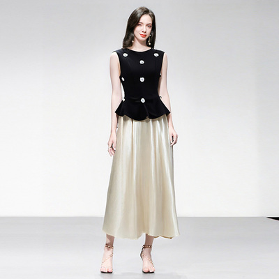 2025夏季新款miu系时尚名媛气质减龄钉珠无袖上衣+高腰半裙套装