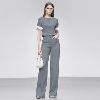 2025夏季新款时尚小香风修身短袖上衣+高腰长裤窄版阔腿裤套装女