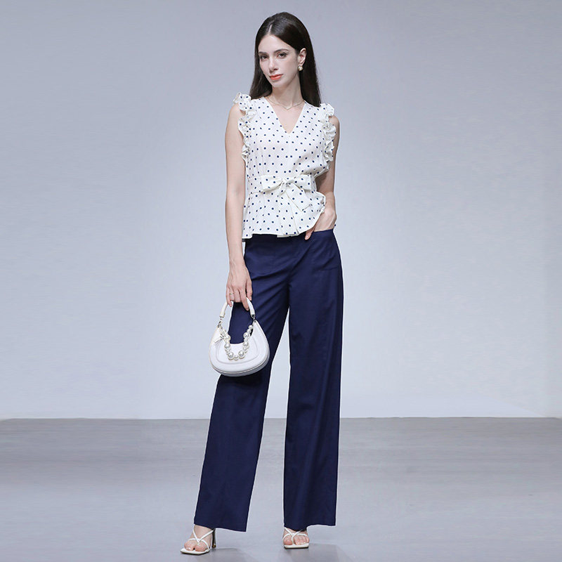 2026夏季新款V领木耳袖系带波点衬衣+高腰阔腿裤亚麻休闲裤套装