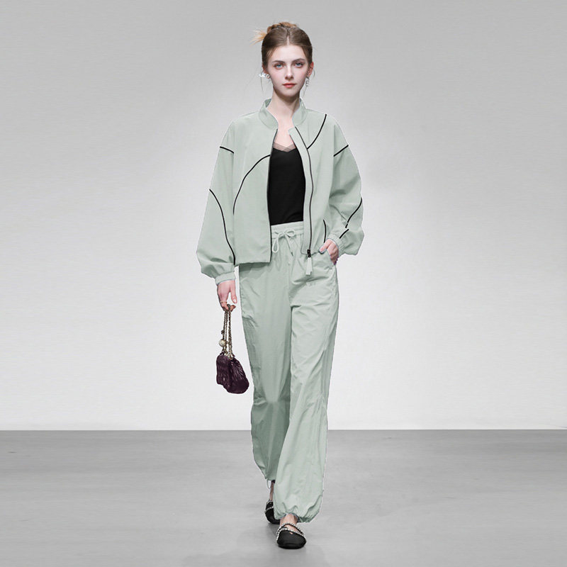 2026春季新款时尚休闲撞色拼接防晒夹克外套+高腰休闲阔腿裤套装