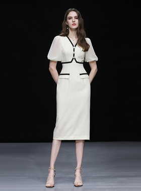 夏季女装20256新款气质法式杏色灯笼袖修身收腰显瘦连衣裙长裙