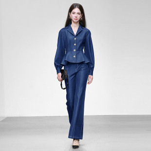 2025秋季新款时尚复古修身荷叶边牛仔上衣外套+显瘦微喇长裤套装