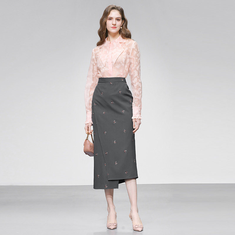 2026春季新款女装气质简约薄纱微透衬衣长款灰色刺绣半裙套装