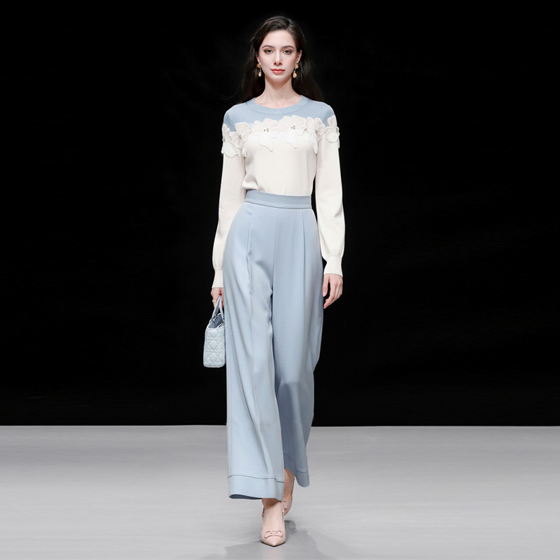 2025秋冬季气质千金风高级感拼色毛衣+高腰修身阔腿裤长裤套装女