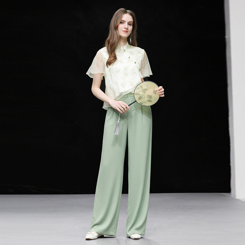 2026夏新款新中式旗袍领国风淡雅上衣+高腰阔腿长裤套装