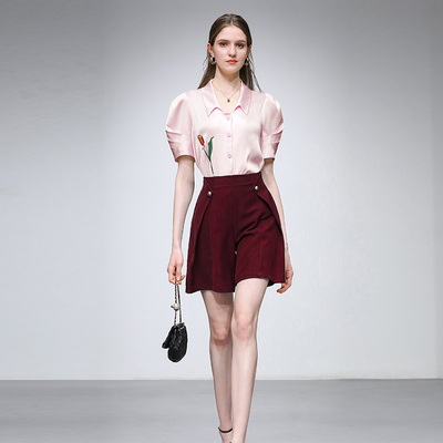 2025夏季新款时尚法式复古郁金香刺绣泡泡袖衬衣A字阔腿短裤