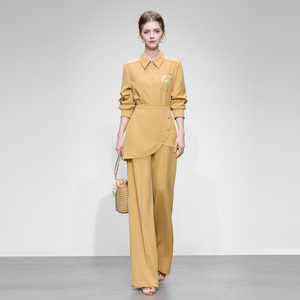 2026春装新款刺绣衬衣+高腰拼接阔腿长裤套装气质显瘦