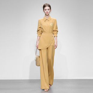 2026春装新款刺绣衬衣+高腰拼接阔腿长裤套装气质显瘦