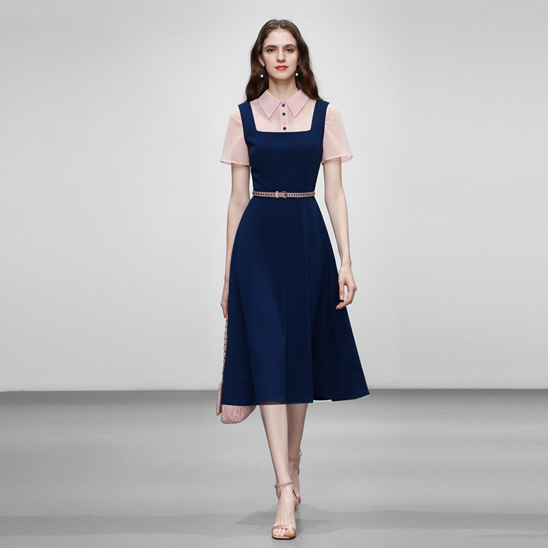 2026夏季新款时尚气质拼接假两件裙子收腰大摆中长款连衣裙女装