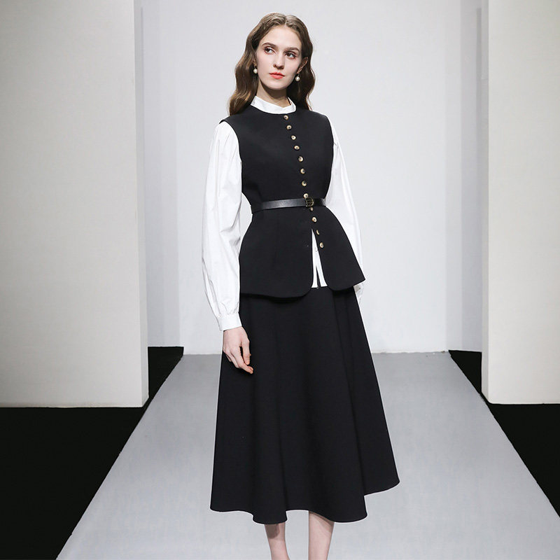 2026早春装新款气质立领灯笼袖衬衣+马甲+中长大摆半裙三件套装