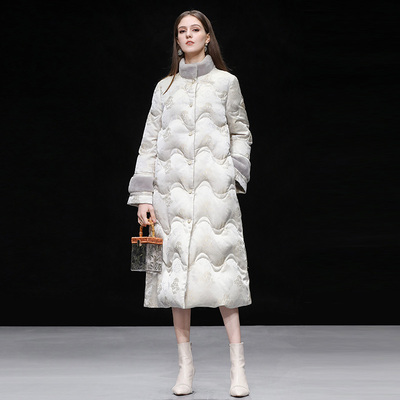 Q20253冬季新中式气质立领国风提花羊毛喇叭袖过膝羽绒服外套女