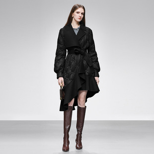 2025冬季新款千金风大翻领双面羊毛呢荷叶边钉珠直充白鸭绒羽绒服