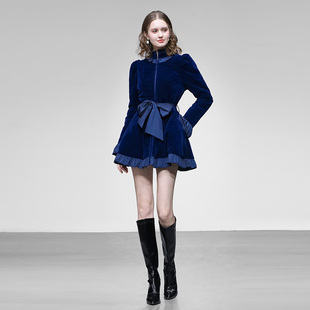 2025冬新款千金小香风蝴蝶结立领喇叭袖收腰木耳边哑光丝绒羽绒服