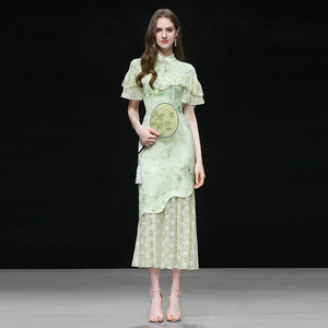 2026夏季新款气质新中式立领蕾丝荷叶拼接收腰鱼尾连衣裙女