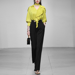 QC2023秋季新款女装V领设计感宽松衬衣高腰阔腿裤时尚套装