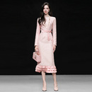 2025秋冬季 气质圆领粗花呢珠片蝴蝶结收腰木耳边开衩连衣裙女