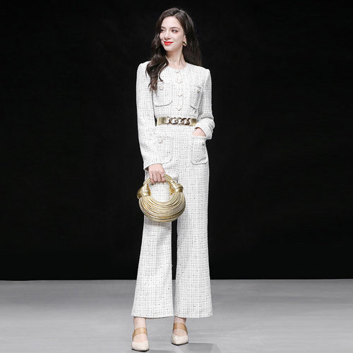 2025秋冬季女装时尚法式白色粗花呢连体裤连衣裤阔腿裤裤子潮