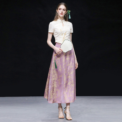 2025夏季新款气质新中式双色提花绣花上衣+高腰大摆半身裙套装女