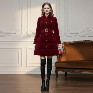 2025冬季新款小香风翻领收腰木耳边长袖A摆红色哑光丝绒羽绒服女