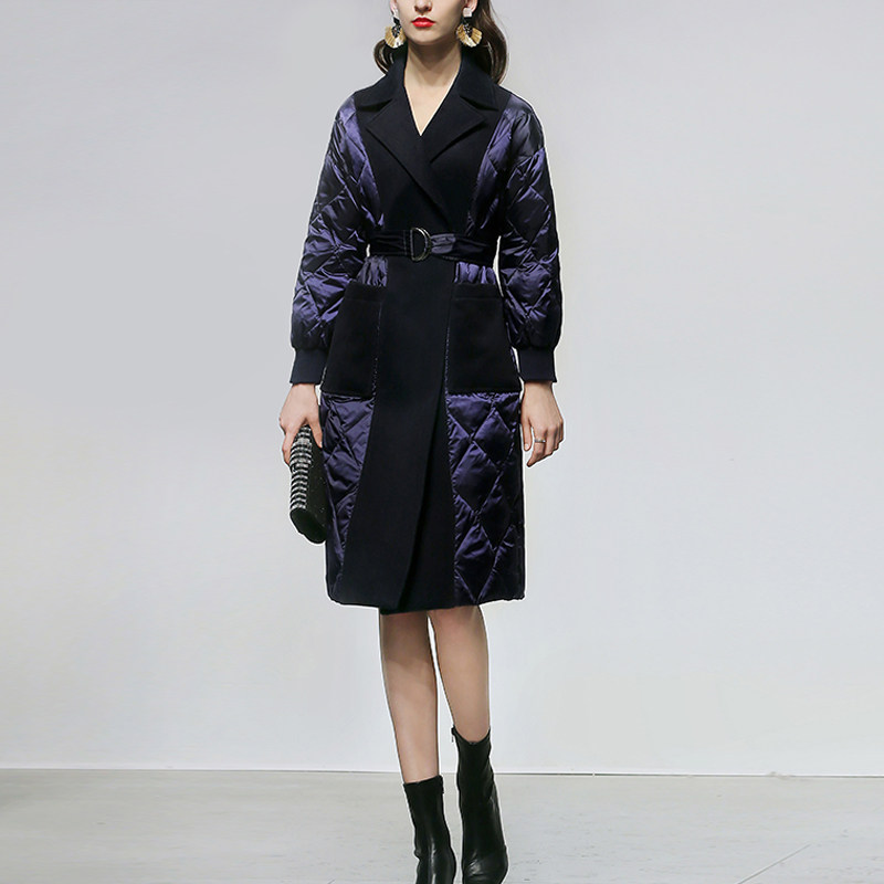 2025冬装新款欧美时尚简约通勤OL拼接毛呢西装领中长款羽绒服女