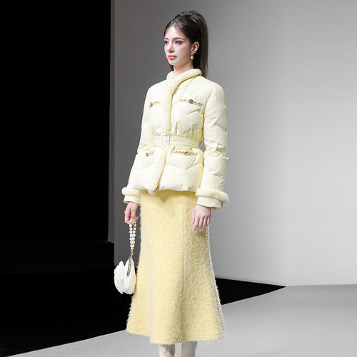 2025冬女装时尚优雅收腰显瘦兔毛短款羽绒服外套保暖鱼尾半裙