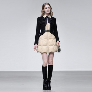 2025冬新款假两件小香轻奢粗花呢拼接翻领收腰显瘦A摆羽绒服外套