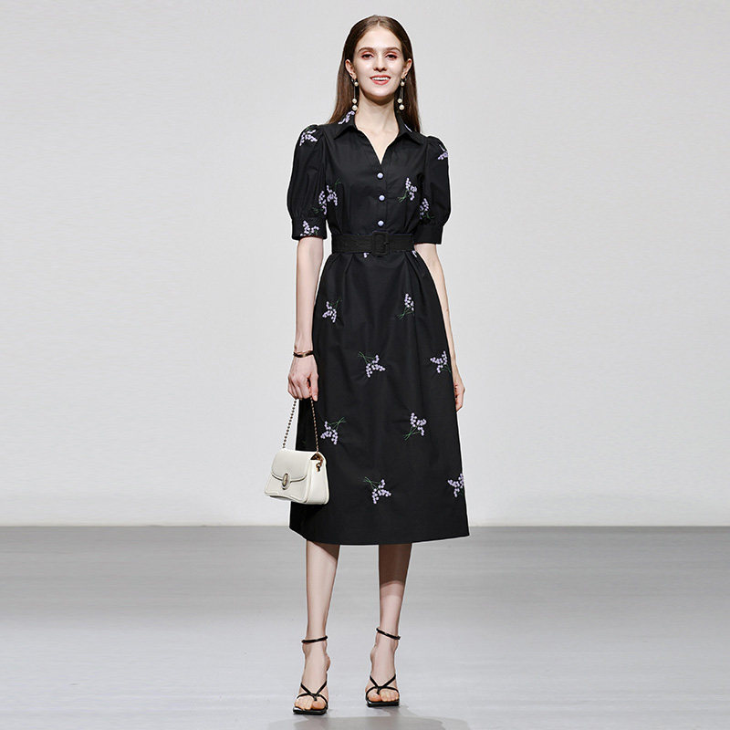 2026夏装新款女装绣花衬衫裙子黑色泡泡袖收腰显瘦连衣裙长裙