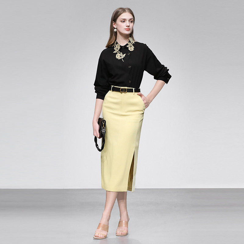 2026春季新款时尚翻领贴花撞色设计感衬衣+高腰直筒开衩半裙套装