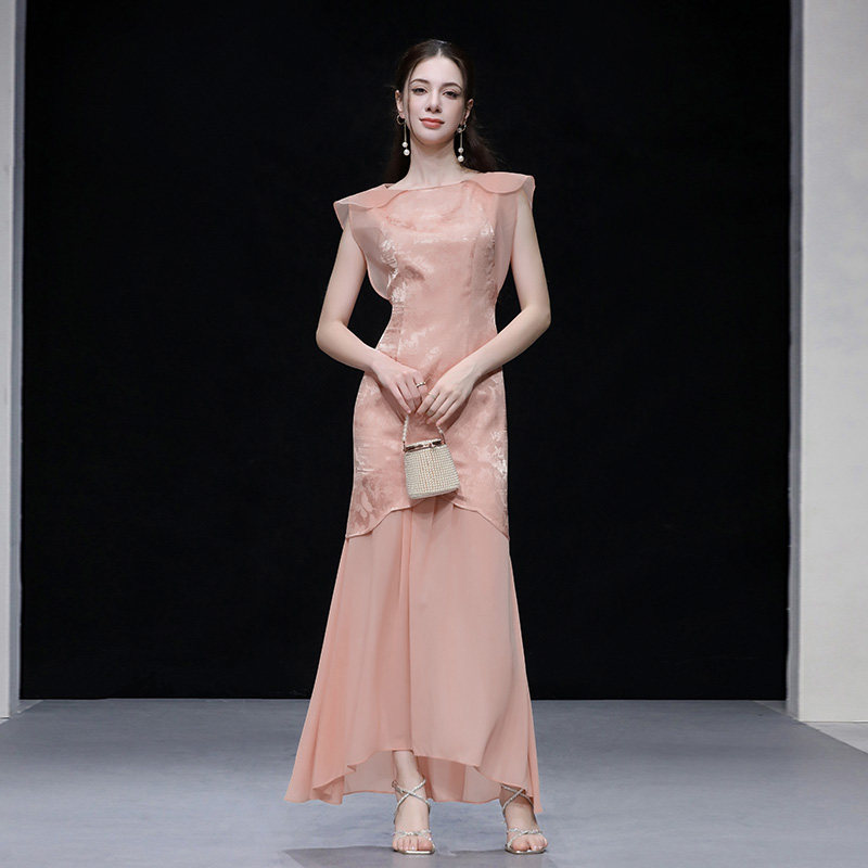 2026夏季新款时尚气质一字领荷叶袖收腰花朵型性感雪纺拼接连衣裙