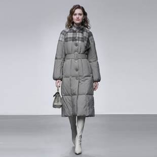 2025冬季新款气质优雅立领自带领巾连肩袖面料拼接灯笼袖羽绒服女