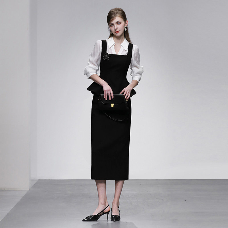 2026春季新款翻领长袖衬衫+吊带荷叶摆上衣+高腰开衩半裙三件套