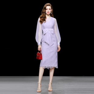 女装 收腰显瘦中长款 2026新款 蕾丝长袖 连衣裙长裙裙子 气质法式 春装