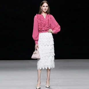 Q2023秋季新款时尚V领木耳边气质优雅法式印花衬衫刺绣镂空裙套装