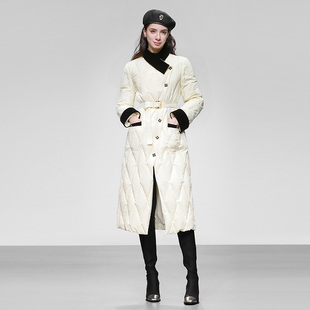 2025冬季新款撞色简约腰带收腰A摆过膝白鸭绒肌理感压花羽绒服