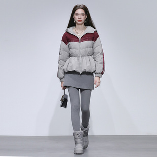 2025冬季新款时尚休闲连帽撞色灯笼袖收腰短款白鸭绒羽绒服外套女