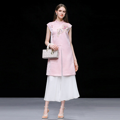 2025夏季新款新中式旗袍式开衩背心马甲唐装无袖坎肩提花绣花上衣