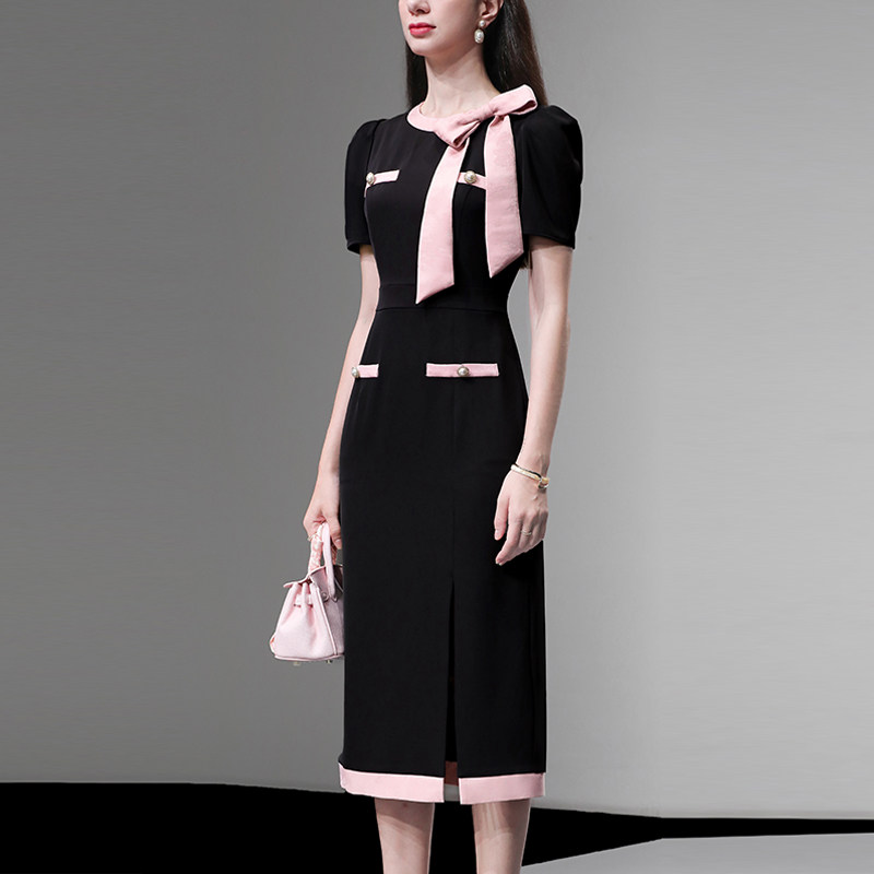 2026夏季新款女装蝴蝶结撞色修身收腰显瘦开衩连衣裙长裙裙子