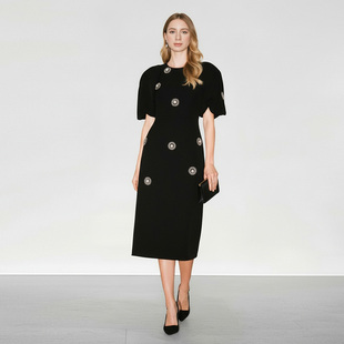 收腰A字连衣裙 轻奢宝石镶嵌圆领泡泡袖 2026年夏季 新款