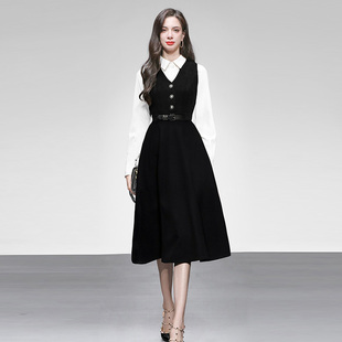V领毛呢裙收腰大摆长裙百搭连衣裙 优雅气质OL无袖 2025秋冬季 女装