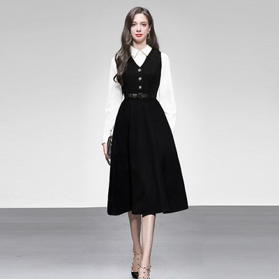 2025秋冬季女装优雅气质OL无袖V领毛呢裙收腰大摆长裙百搭连衣裙