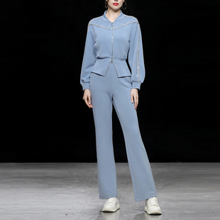 秋冬季女装2025新款时尚休闲灰蓝色卫衣外套喇叭裤长裤裤子套装潮