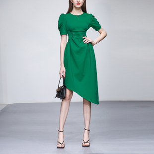 气质绿色泡泡袖 夏季 2024新款 连衣裙长裙女 女装 收腰显瘦中长款
