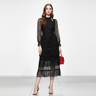 蕾丝波点挂脖镂空长袖 女装 连衣裙蛋糕裙高腰名媛优雅 新款 2026春季