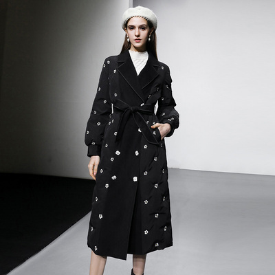 2025年冬季新款气质时尚双面呢拼接中长款黑色绣花直充羽绒服外套