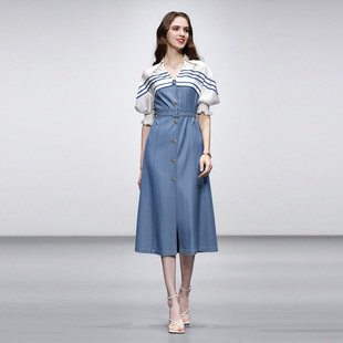 夏季女装2026新款气质休闲撞色灯笼袖收腰显瘦衬衫连衣裙长裙