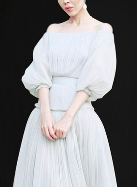 QC2023新款女装秋装露肩网纱长裙气质名媛收腰显瘦中长款连衣裙