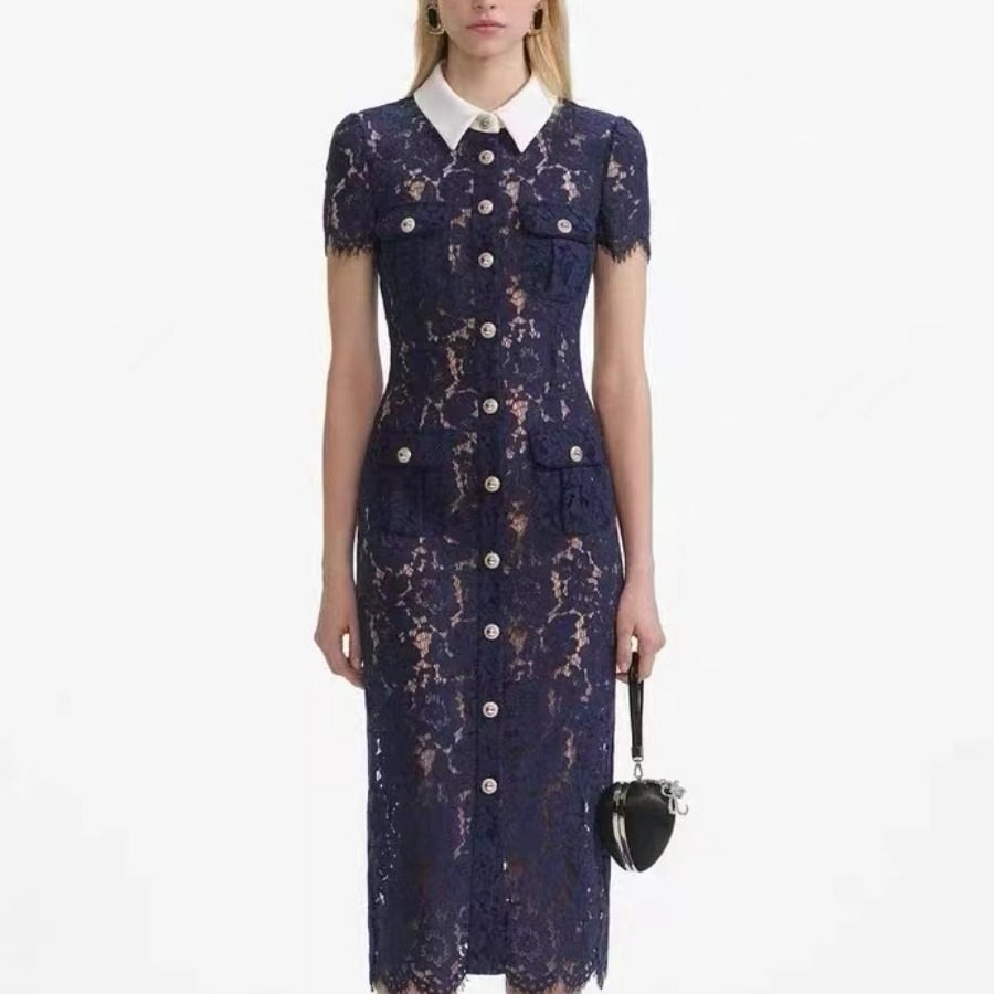 2025新款重工蕾丝翻领短袖单排扣高级感蕾丝连衣裙长裙,女装/女士精品,连衣裙,淘宝优惠券,粉丝福利购,淘宝优惠卷