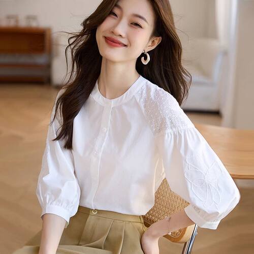 外贸原单女装专柜撤回纯棉七分袖衬衫女春夏宽松气质衬衣绣花上衣