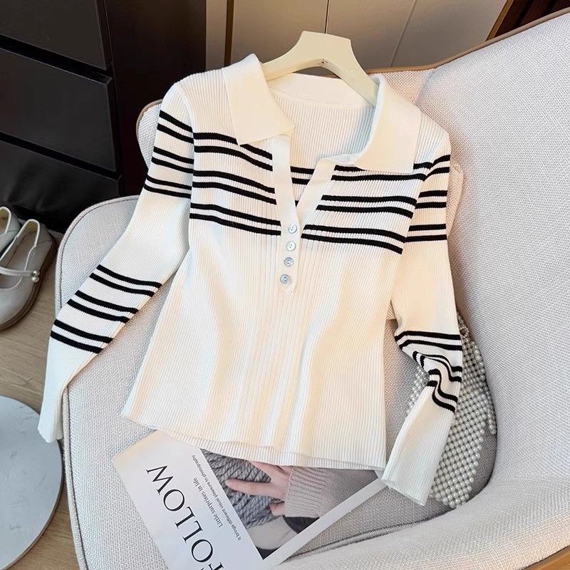 条纹POLO领长袖针织衫女春秋